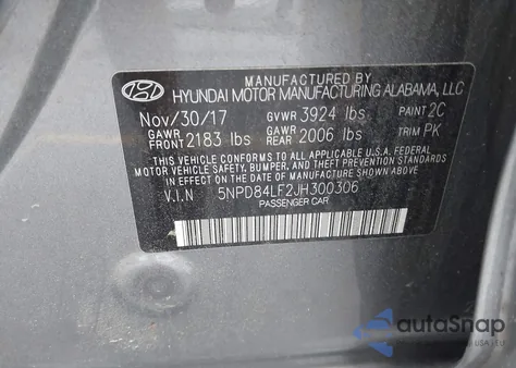 2018 Hyundai Elantra Sel z USA, uszkodzony, nr VIN 5NPD84LF2JH300306